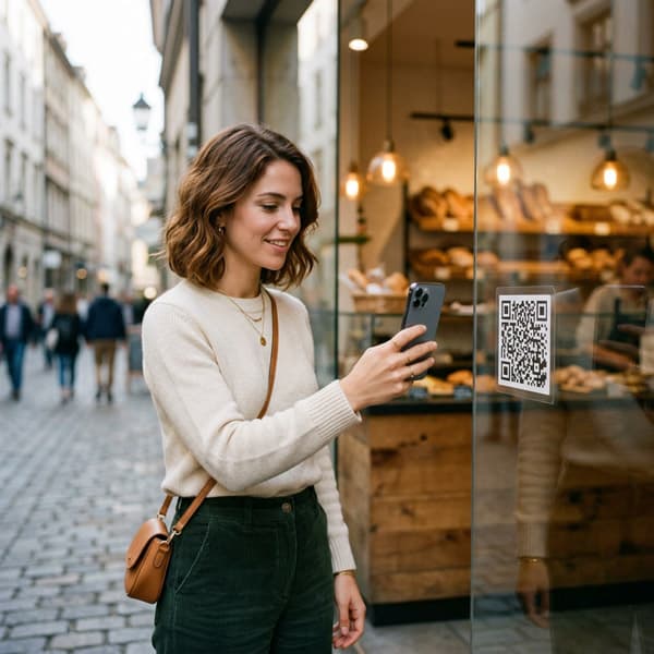 Жена сканира с телефона си динамичен QR код на витрината на пекарна